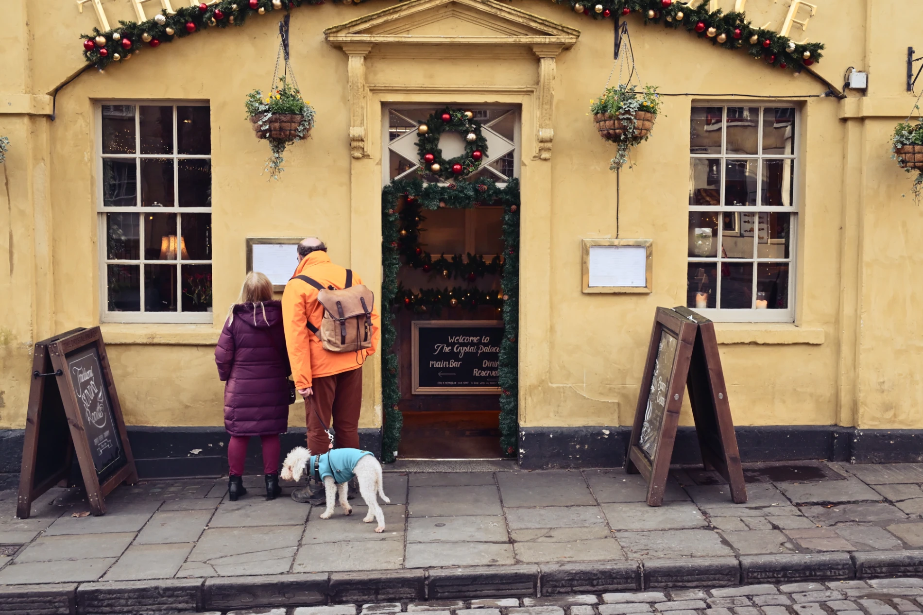 A couple and their dog look at a menu outside a pub